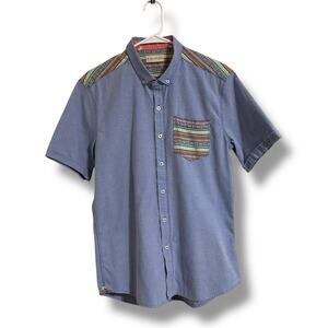 7 Diamonds Blue Button Down Shirt with Vibrant midwestern boho patch design